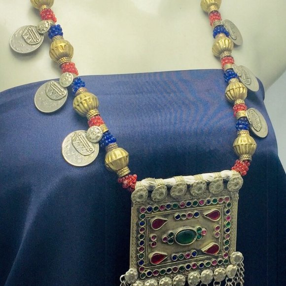 Red and Blue Beaded Pendant NecklaceBohemian Necklace - Picture 4 of 9